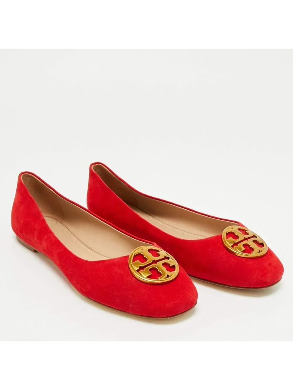 Tory Burch Chelsea Preppy Old Money Red Suede Ballet Flats Gold Logo Women 5.5M